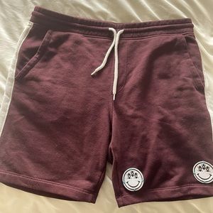 Reworked, burgundy, white-pinstripe, shorts.